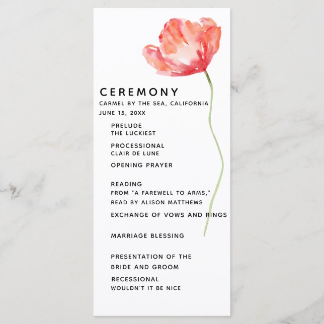 Elegant and Modern Poppy Red Wedding Ceremony Programme (Front)
