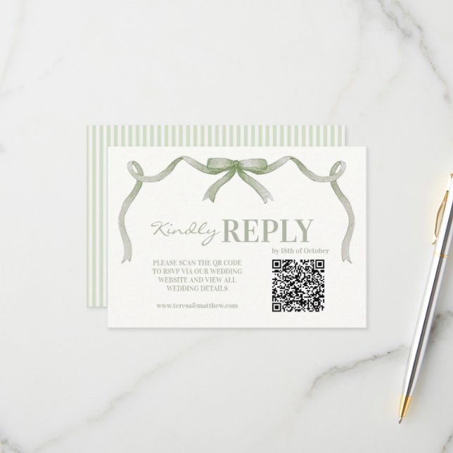 Elegant and Modern Sage Bow Wedding RSVP Card (Front/Back In Situ)