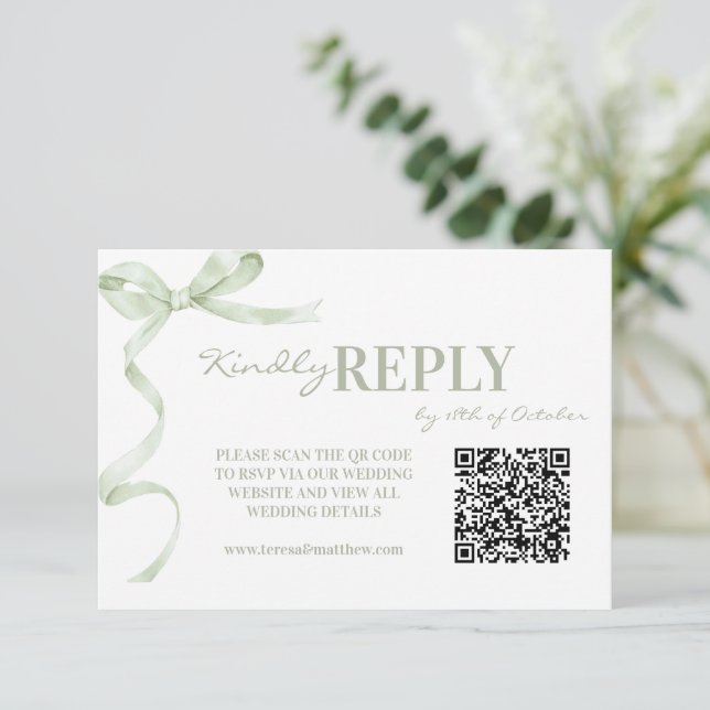 Elegant and Modern Sage Bow Wedding RSVP Card (Standing Front)