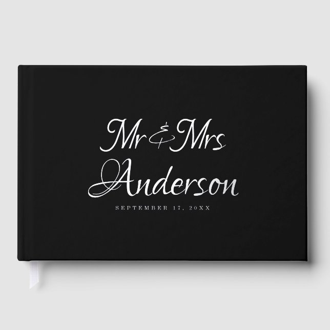 Elegant and Modern Script Black Wedding Guest Book (Front)