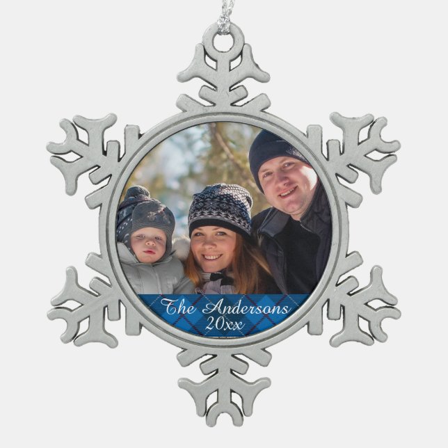 Elegant and Modern Tartan Plaid Custom Photo Snowflake Pewter Christmas Ornament (Front)