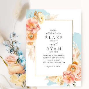 Elegant and Simple Aqua, Peach and Blush Wedding Invitation
