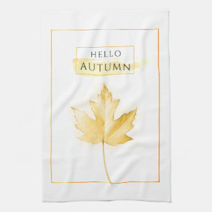 Elegant and Trendy Golden Autumn Leaf Drawing Tea Towel
