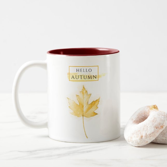 Elegant and Trendy Golden Autumn Leaf Drawing Two-Tone Coffee Mug (With Donut)
