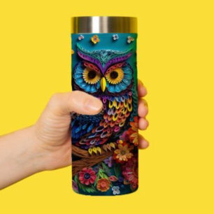 Elegant and Whimsical: 3D Owl Papercut Art Wrap 0n Thermal Tumbler