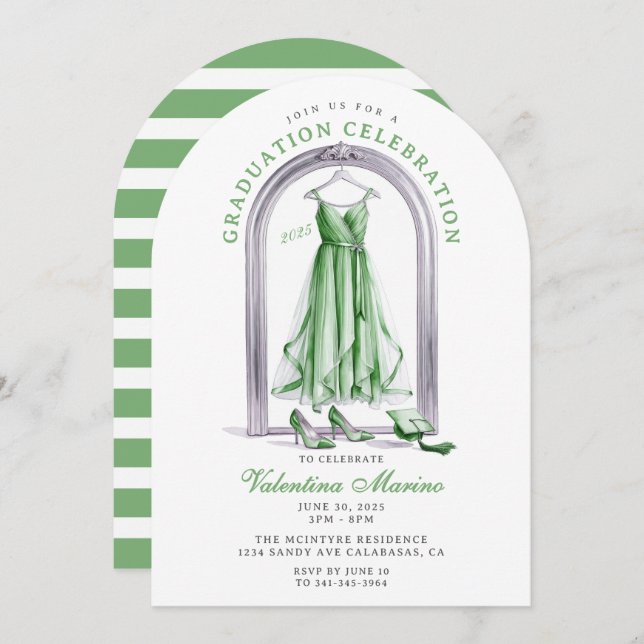 Elegant and Whimsical Green Dress Graduation   Invitation (Front/Back)