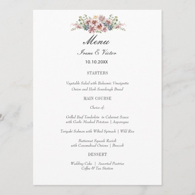 Elegant Anemone Blue grey Wedding or Party Menu (Front)
