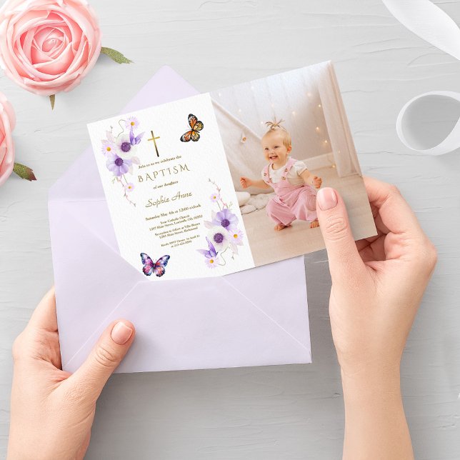 Elegant Anemone Butterfly Girl Photo Baptism Invitation (butterfly anemone photo baptism invitation, girl baptism butterflies invite, floral photo baptism)