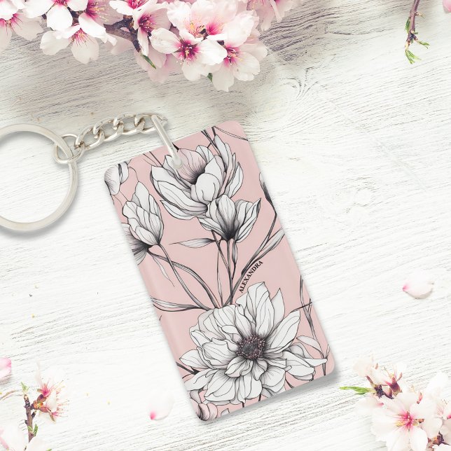 Elegant Anemone Floral Custom Name  Key Ring (Creator Uploaded)