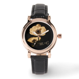Elegant Anemone Flower Black Monogram Watch