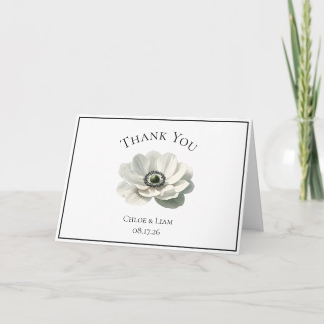 Elegant Anenome Flower Wedding Black & White Thank You Card (Front)