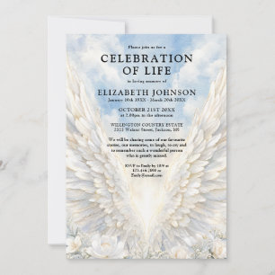 Elegant Angel Wings Celebration of Life Funeral Invitation
