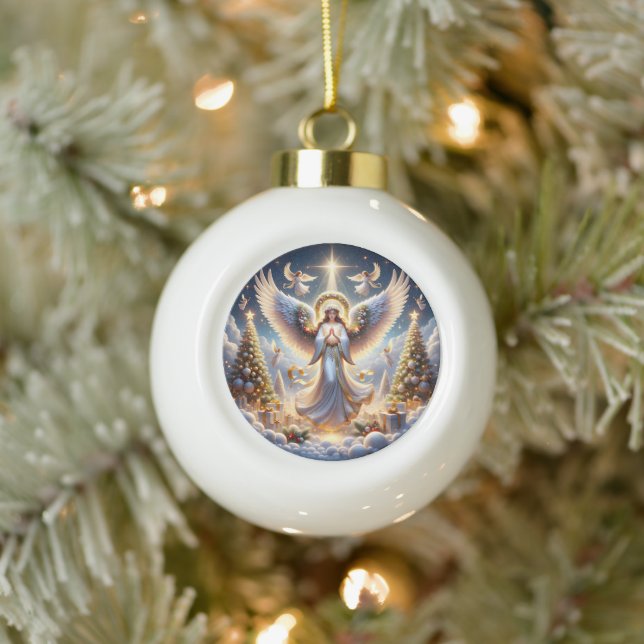 Elegant Angelic Holiday Scene with Christmas Trees Ceramic Ball Christmas Ornament (Tree)