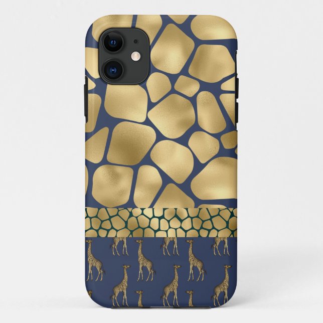 Elegant Animal Print Giraffe Gold Blue Glam Case-Mate iPhone Case (Back)