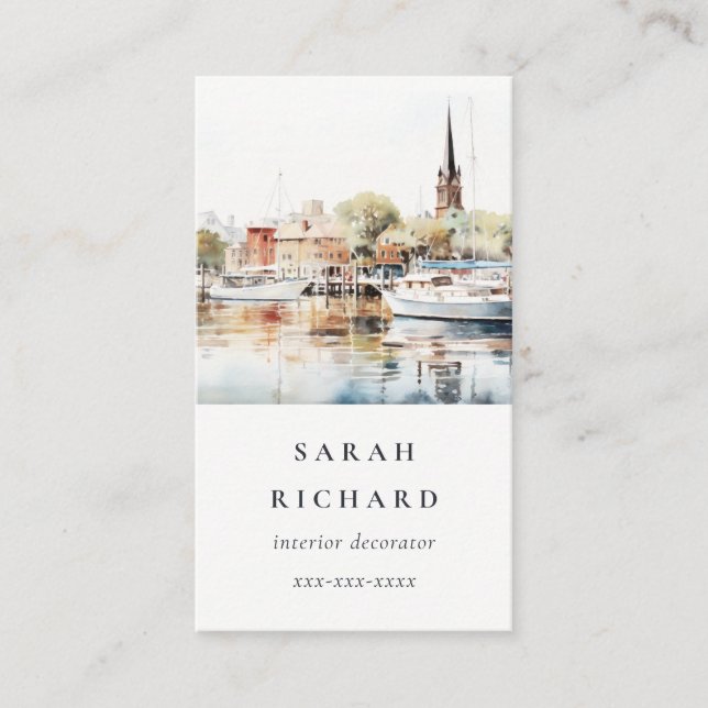 Elegant Annapolis Maryland Watercolor Travel Business Card (Front)