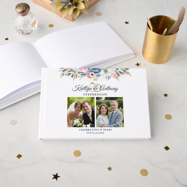 Elegant Anniversary Watercolor Floral 2 Photos Guest Book (Front Open)