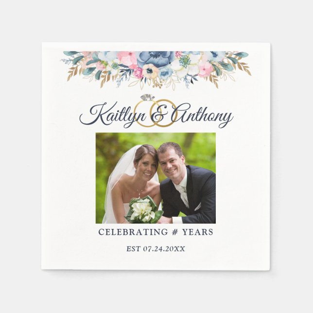 Elegant Anniversary Watercolor Floral Photo Rings Napkin (Front)