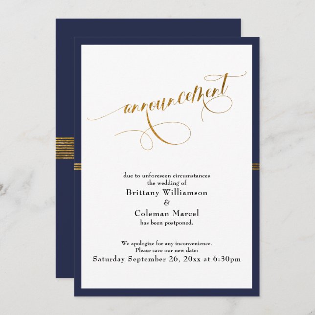 Elegant Announcement Navy & Gold Stripe Card (Front/Back)