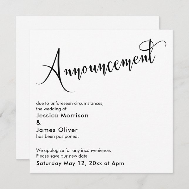 Elegant "Announcement" Postponed Wedding Card (Front/Back)