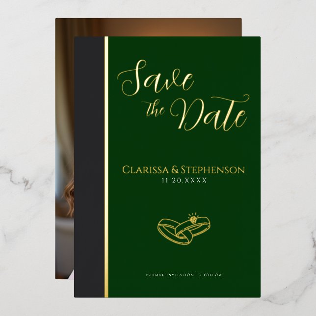 Elegant  Anthracite Dark Green Photo Save The Date (Front/Back)