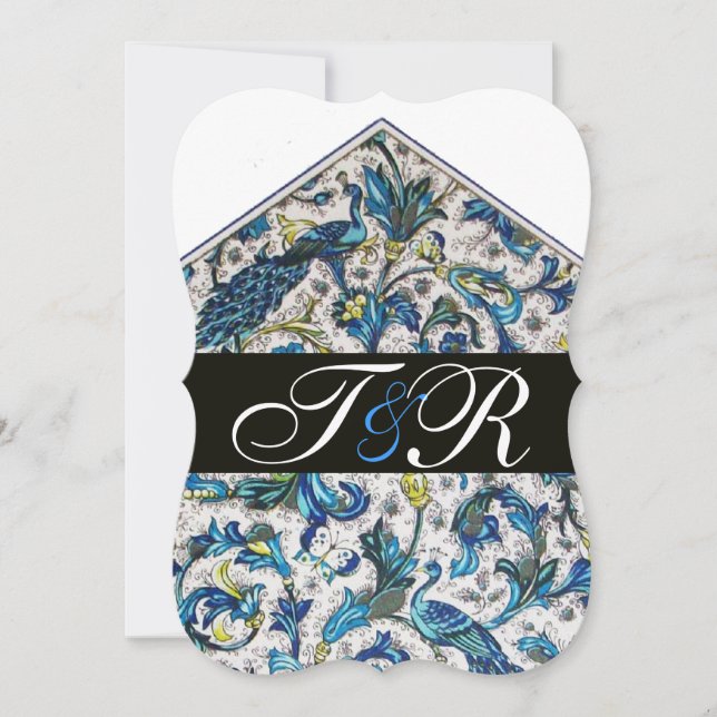 ELEGANT ANTIQUE FLORENTINE BLUE FLORAL MONOGRAM INVITATION (Front)
