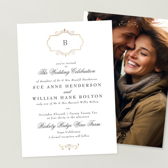 elegant antique gold monogram photo wedding invitation (Creator Uploaded)