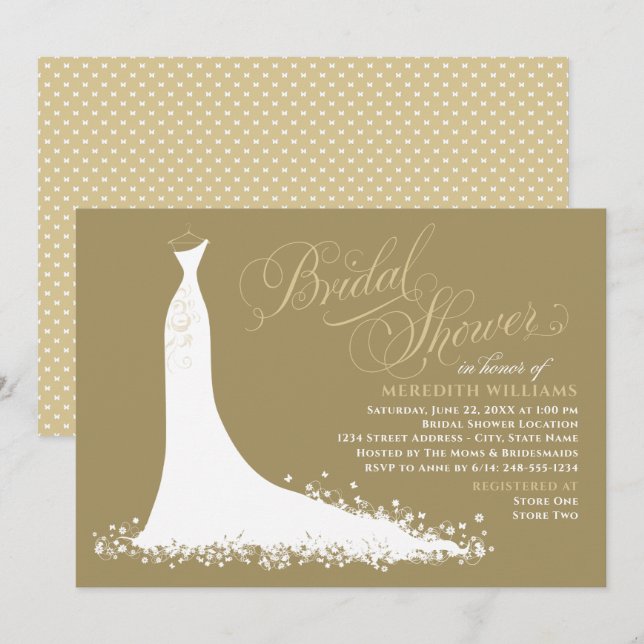Elegant Antique Gold Wedding Gown Bridal Shower Invitation (Front/Back)