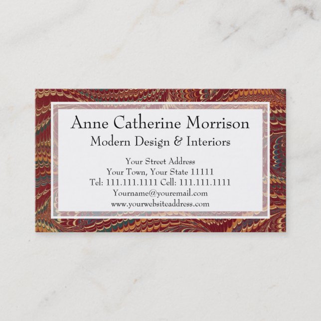 Elegant Antique Marbled Paper Burgundy and Gold Business Card (Front)