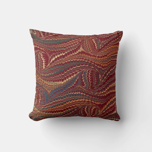 Elegant Antique Marbled Paper Burgundy and Gold Cushion (Front)