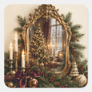 Elegant Antique Mirror Christmas, Vintage European Square Sticker