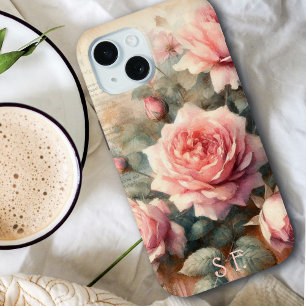 Elegant Antique Pink Rose Monogrammed Script iPhone 15 Case