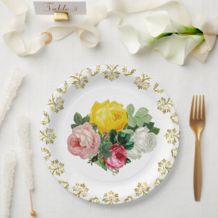 Elegant Antique Roses with Gold Floral Wedding Paper Plate