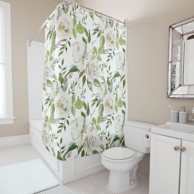 Elegant Antique White Rose Botanical Pattern Shower Curtain (In Situ)