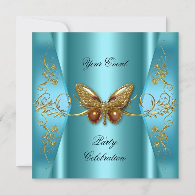 Elegant Any Event Party Teal Blue Gold Butterfly Invitation (Front)