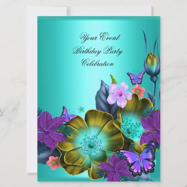 Elegant Any Event Party Teal Purple Gold Flowers Invitation (Front)