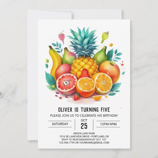 Elegant Apple Whimsical Fruits Birthday Invitation (Front)