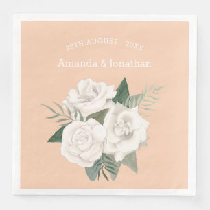 Elegant Apricot Crush and White Roses Wedding Napkin