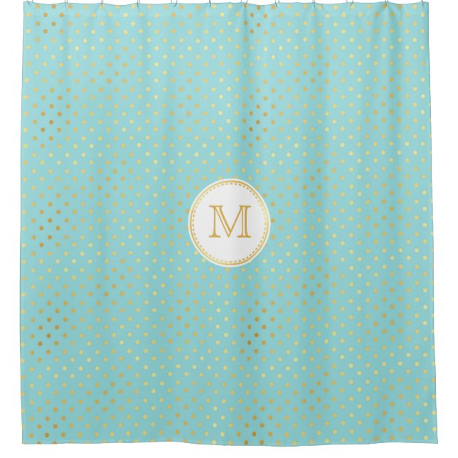 Elegant Aqua and Gold Polka Dots With Monogram Shower Curtain (Front)