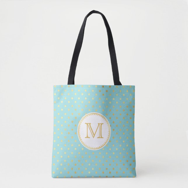 Elegant Aqua and Gold Polka Dots With Monogram Tote Bag (Front)