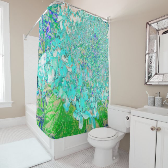 Elegant Aqua and Green Limelight Hydrangea Detail Shower Curtain (In Situ)