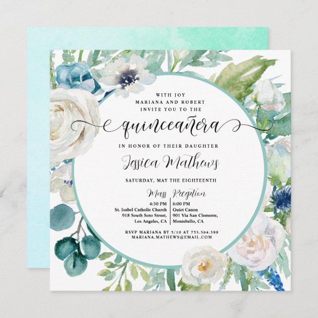 Elegant Aqua and Turquoise Teal Floral Quinceañera Invitation (Front/Back)