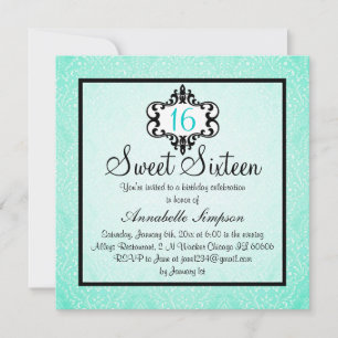 Elegant Aqua & Black Chic Damask Sweet 16 Invite