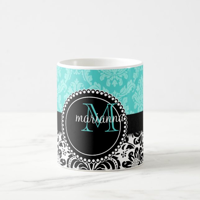 Elegant Aqua Black Damask Personalised Coffee Mug (Center)