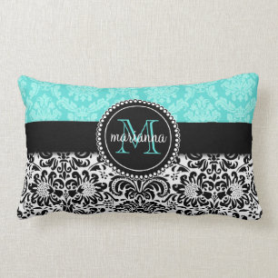 Elegant Aqua Black Damask Personalised Lumbar Cushion