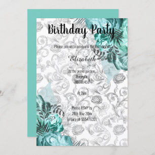 ELEGANT AQUA BLACK WHITE FLORAL BIRTHDAY INVITATION