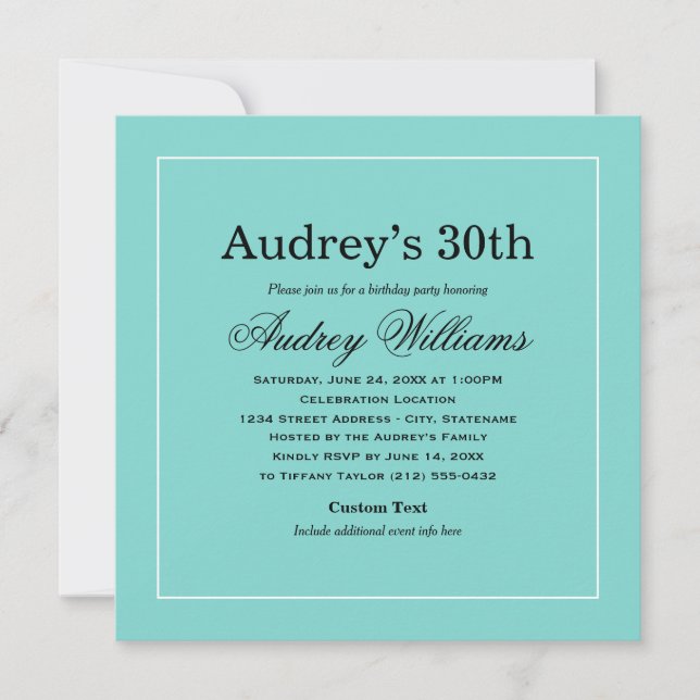 Elegant Aqua Blue 30th Birthday Party Invitation (Front)