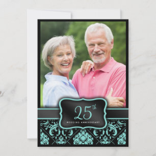 Elegant Aqua Blue and Black Damask 25th Wedding Invitation