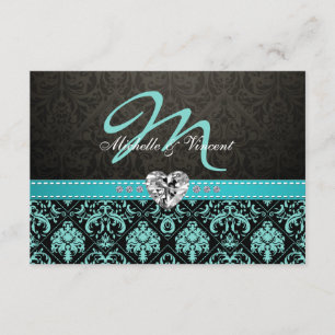 Elegant Aqua Blue and Black Damask Monogram RSVP