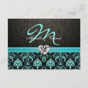 Elegant Aqua Blue and Black Damask Monogram RSVP Card