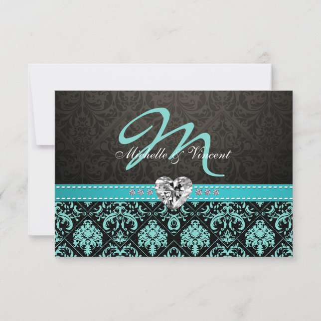 Elegant Aqua Blue and Black Damask Monogram RSVP Card (Front)